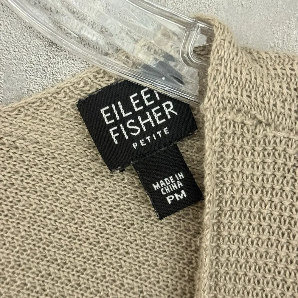 EILEEN FISHER Cardigan Petite PM Linen Open Knit Open Front Long Sleeve Beige - Picture 7 of 13